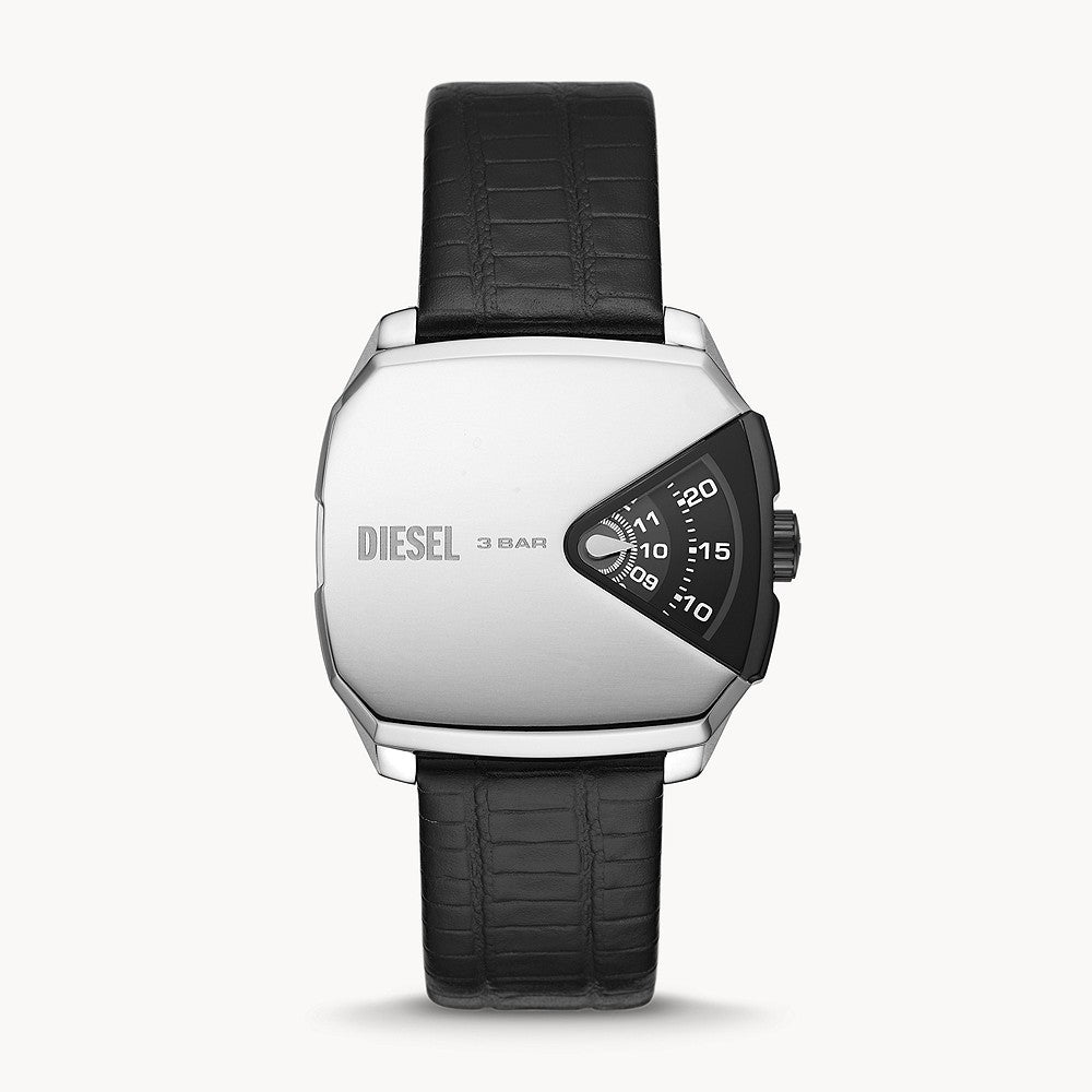 DIESEL D.V.A. THREE-HAND BLACK LEATHER WATC