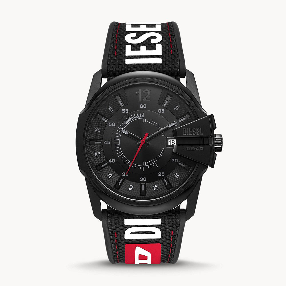 DIESEL MASTER CHIEF THREE-HAND DATE BLACK LEATHER, NYLON, AND SILICONE WATCH