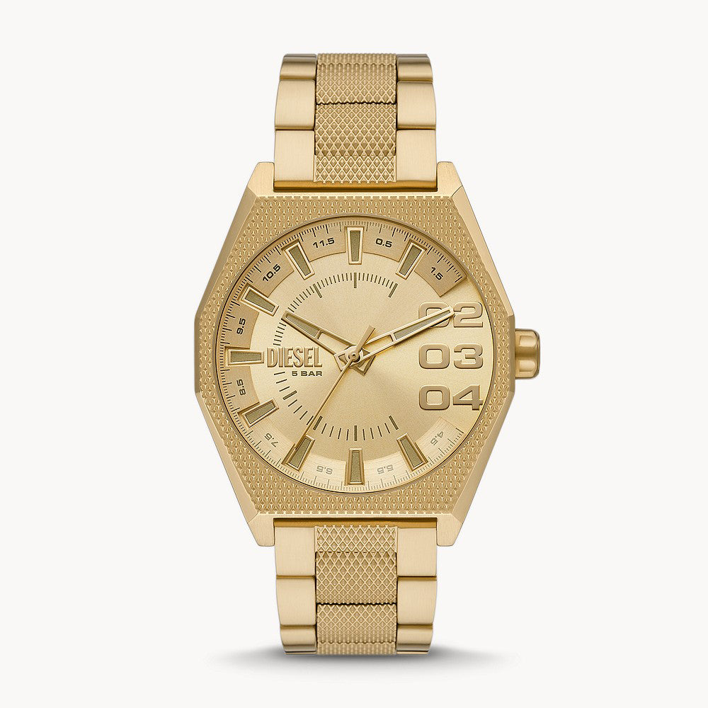 DIESEL SCRAPER THREE-HAND GOLD-TONE STAINLESS STEEL WATCH