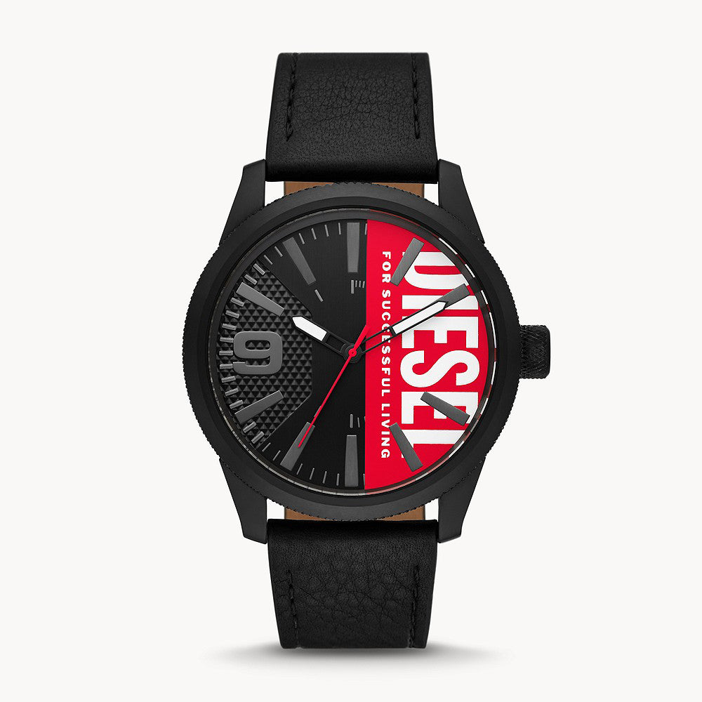 DIESEL RASP NSBB THREE-HAND BLACK LEATHER WATCH