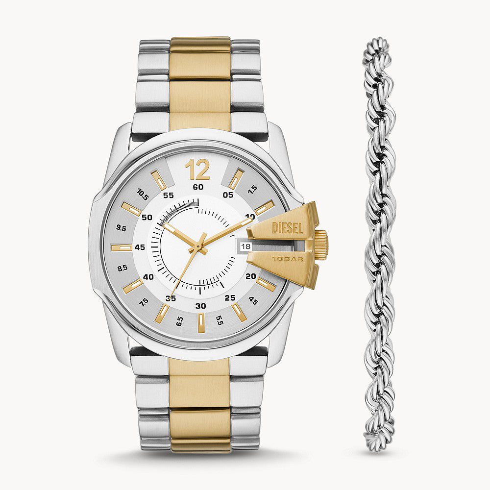 DIESEL MASTER CHIEF THREE-HAND DATE TWO-TONE STAINLESS STEEL WATCH AND STAINLESS STEEL BRACELET SET