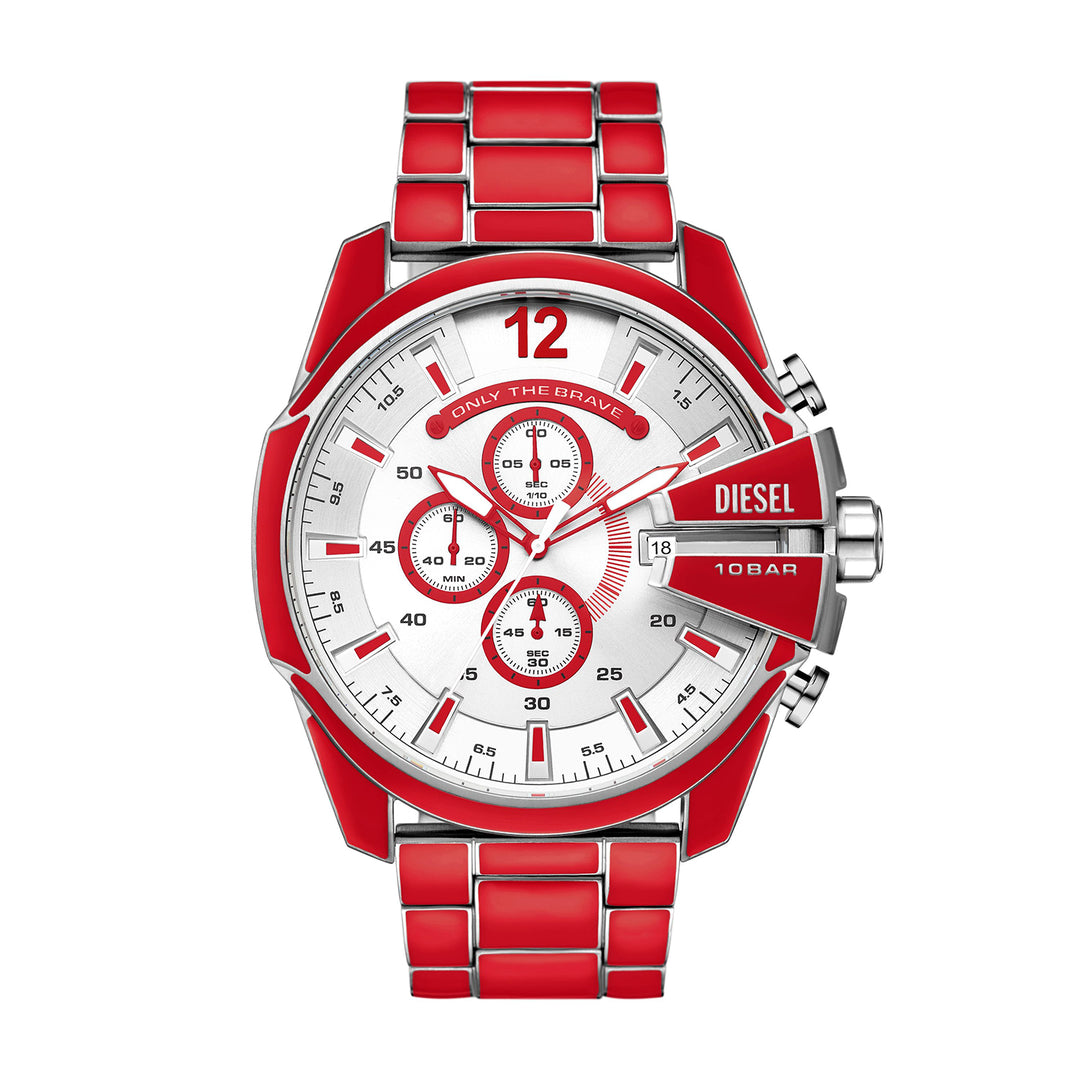 Diesel Mega Chief Chronograph Red Lacquer And Stainless Steel Watch