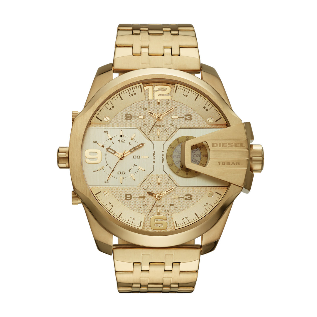 DIESEL UBER CHIEF MEN`S GOLD TONE STAINLESS MULTI TIME WATCH