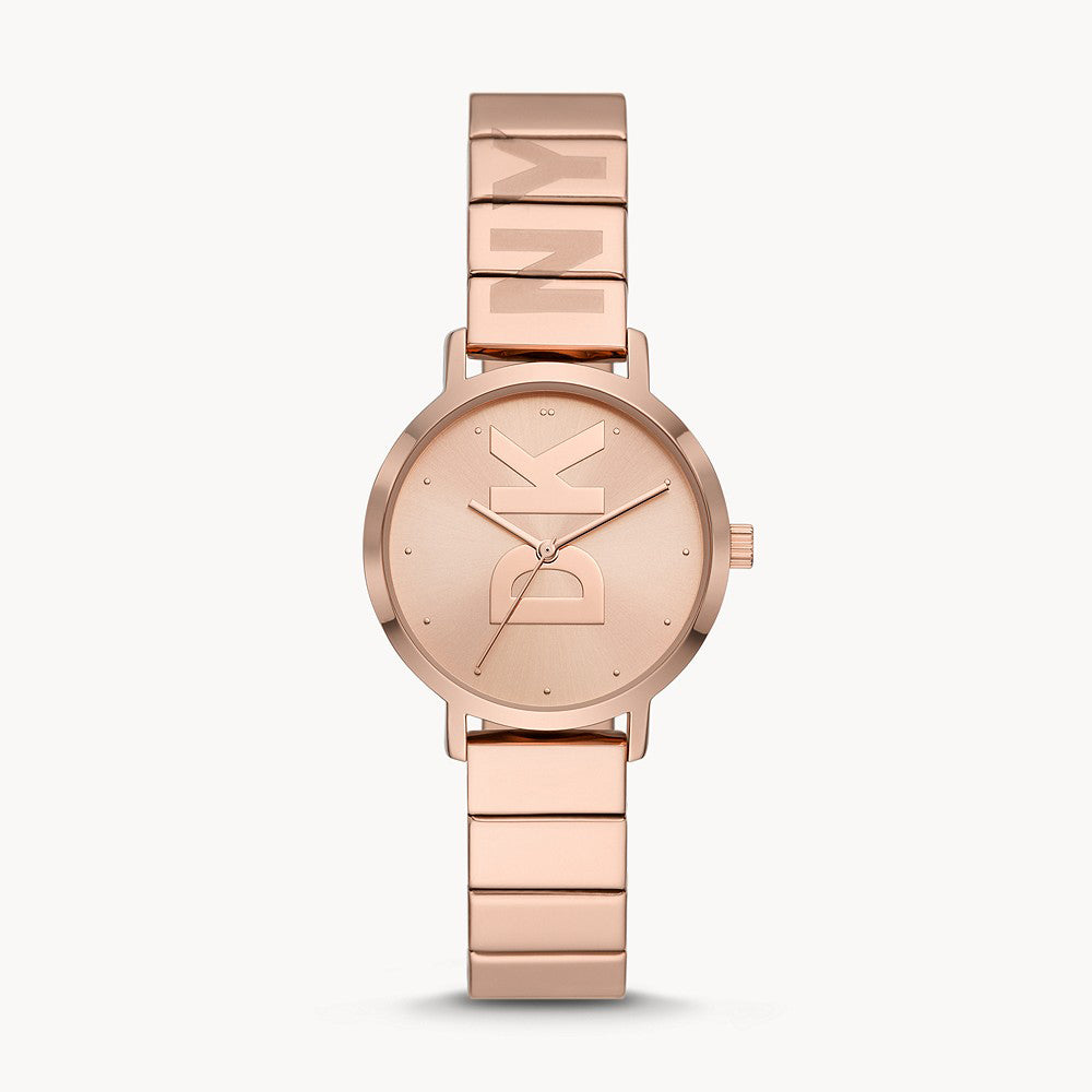 DKNY THE MODERNIST THREE HAND ROSE GOLD TONE STAINLESS STEEL WATCH