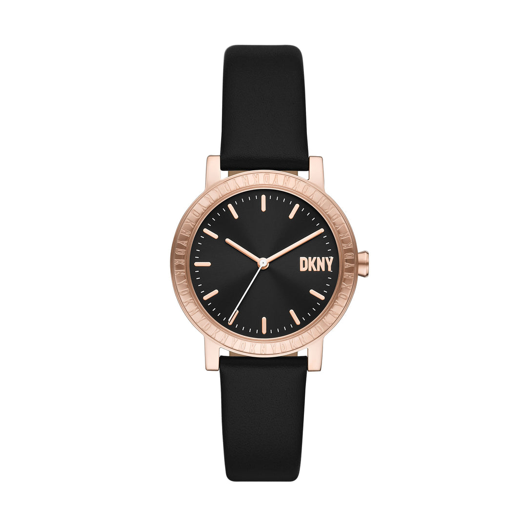 DKNY SOHO D THREE-HAND BLACK LEATHER WATCH
