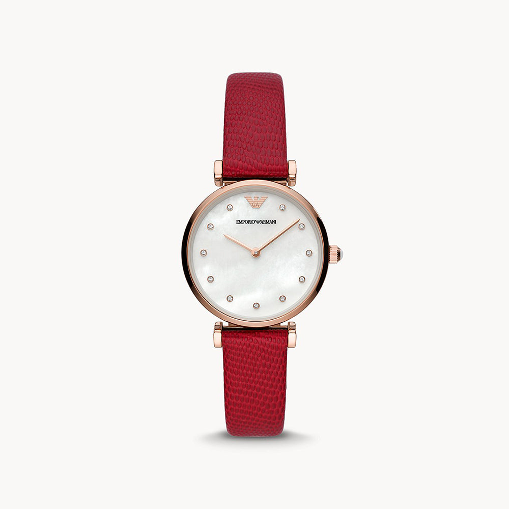 EMPORIO ARMANI TWO HAND RED LEATHER WATCH The Watch House