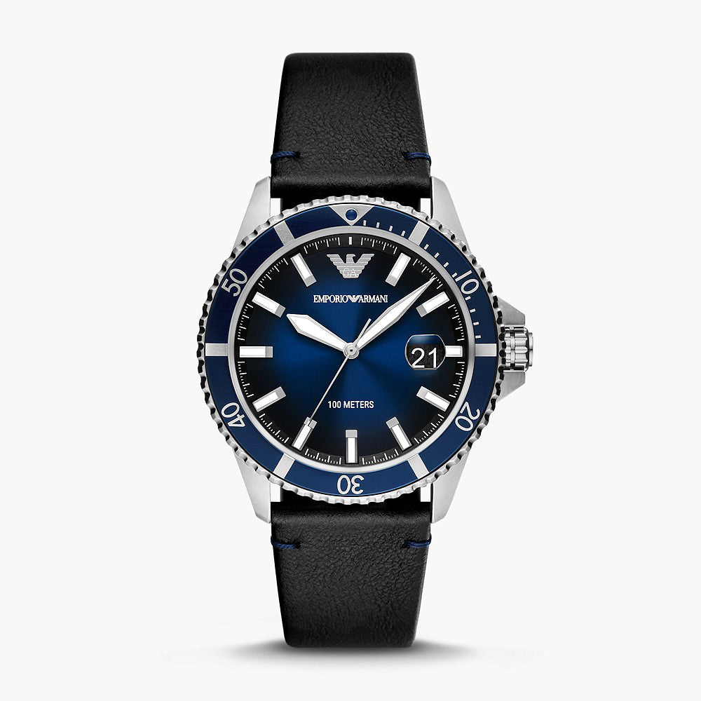 EMPORIO ARMANI THREE-HAND DATE BLACK LEATHER WATCH – The Watch House