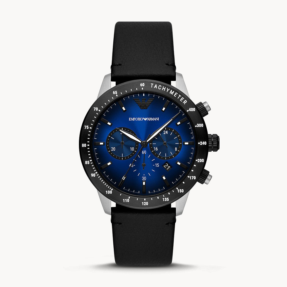 EMPORIO ARMANI CHRONOGRAPH BLACK LEATHER WATCH