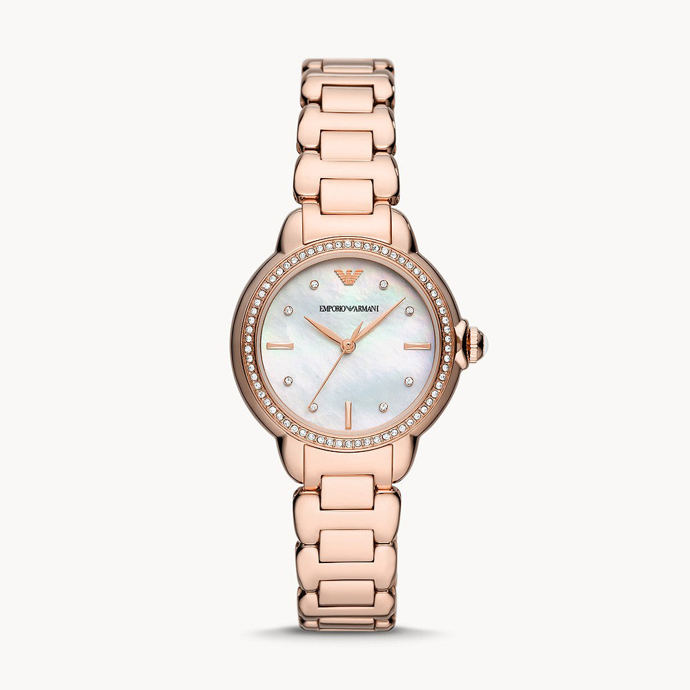 EMPORIO ARMANI THREE HAND ROSE GOLD TONE STAINLESS STEEL WATCH