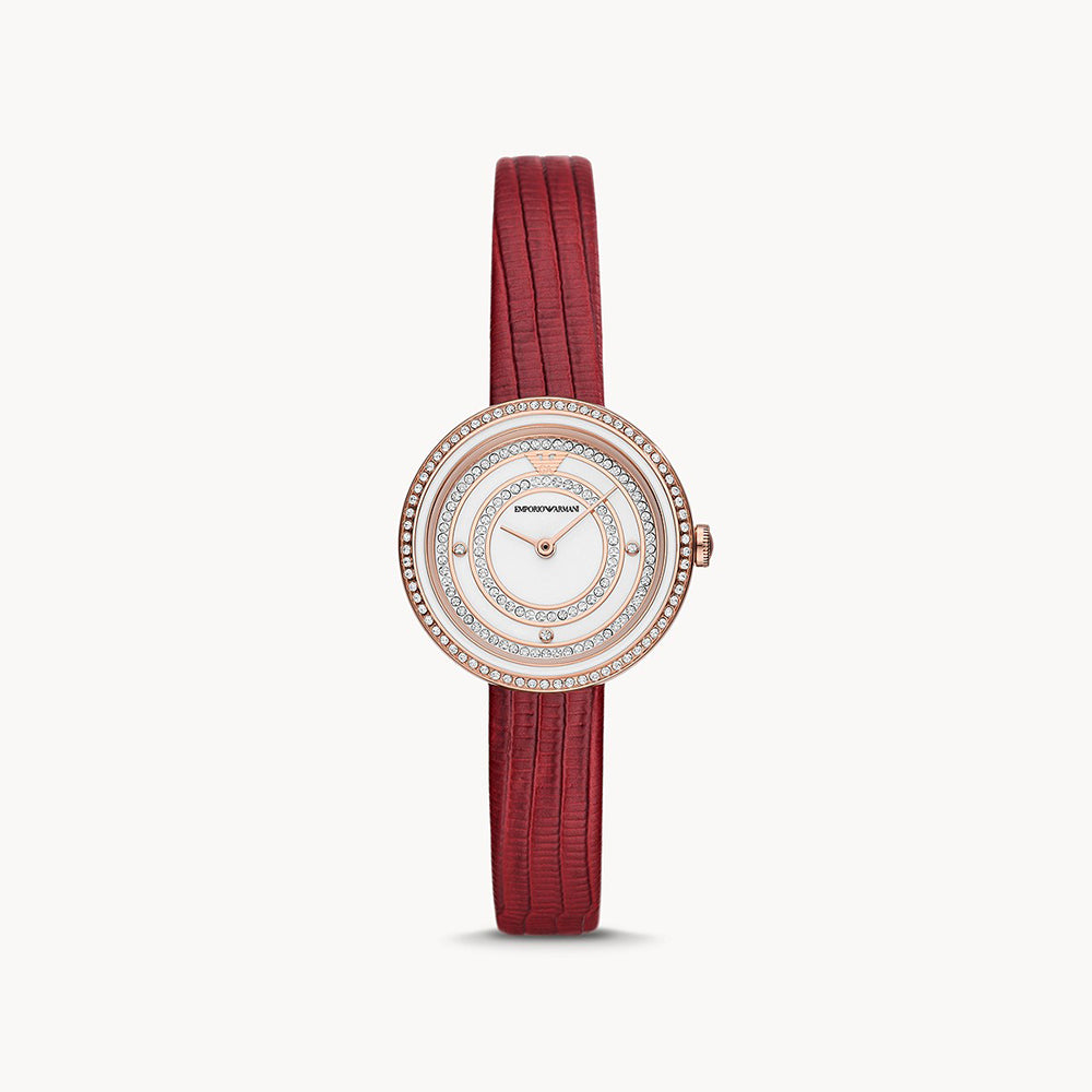 EMPORIO ARMANI TWO HAND RED LEATHER WATCH