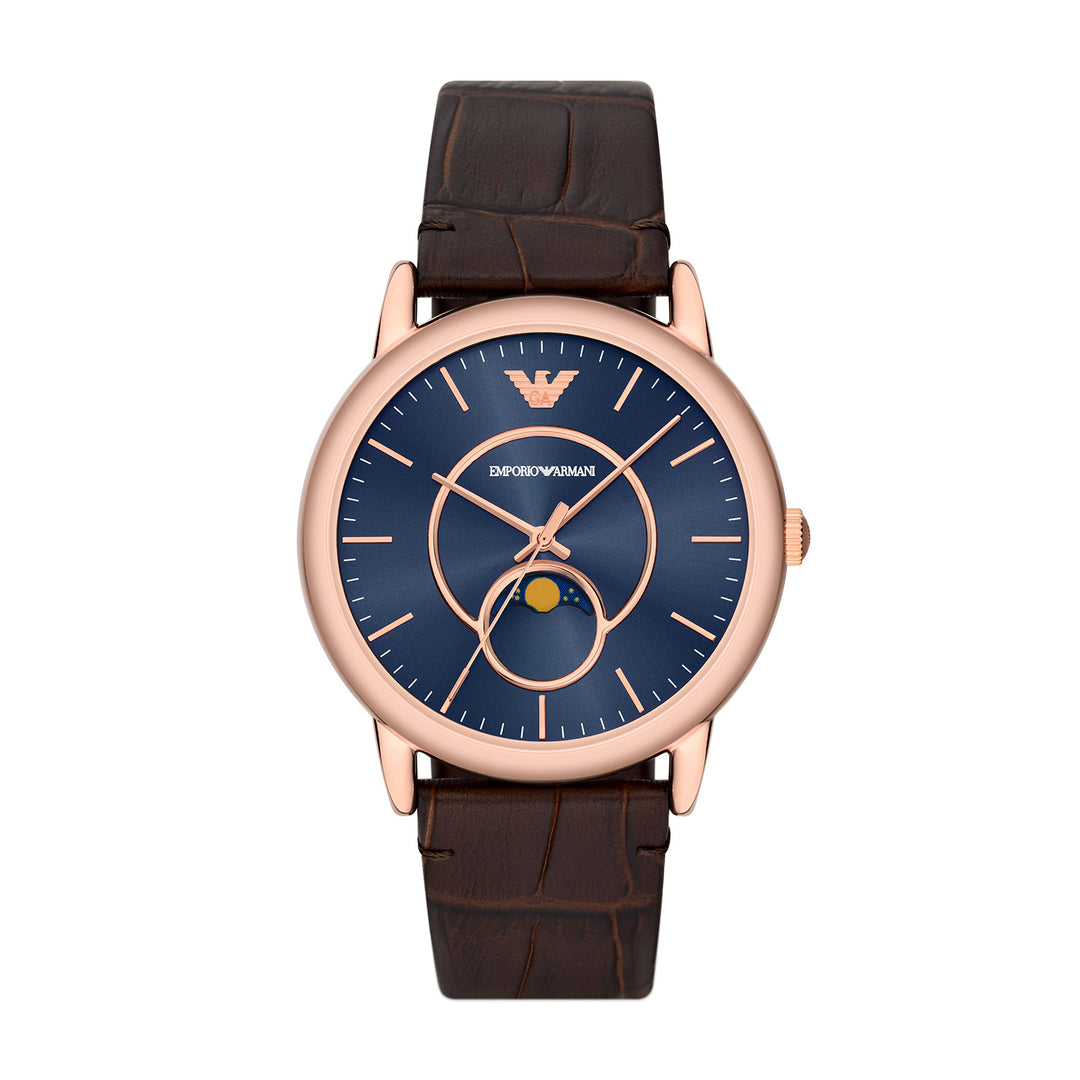 Emporio Armani Three-Hand Moonphase Brown Leather Watch