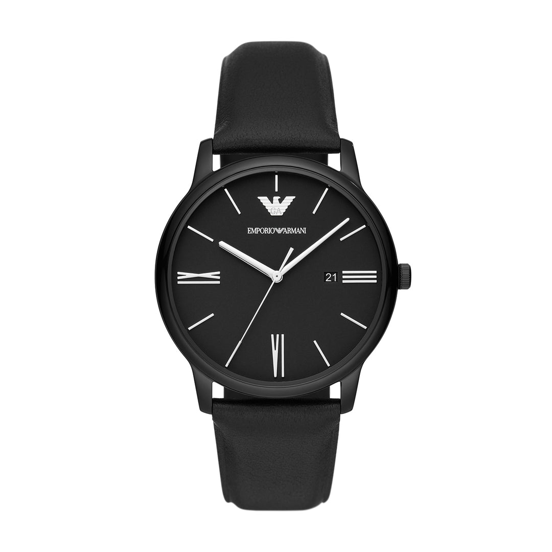 Emporio Armani Three-Hand Date Black Leather Watch