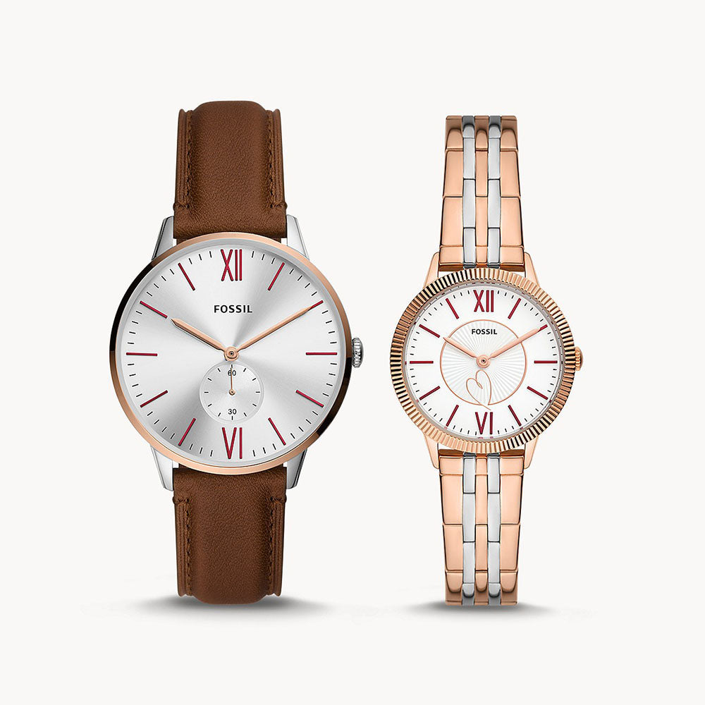 Fossil His And Hers Three-Hand Brown Leather And Two-Tone Stainless Steel Women's Watch Set