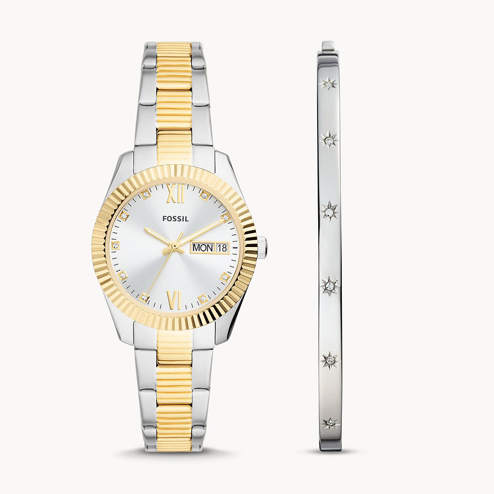 Fossil Scarlette Three-Hand Day-Date Two-Tone Stainless Steel Women's Watch And Bracelet Set - ES5253SET