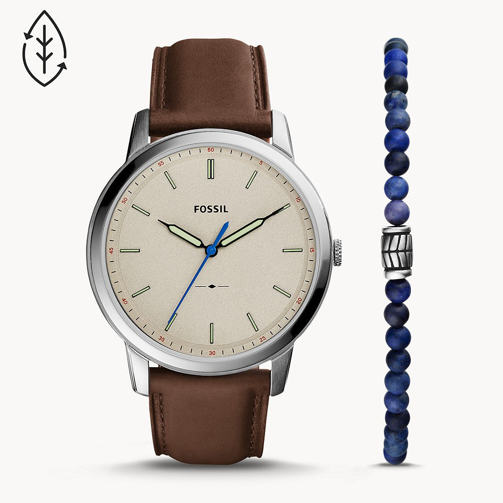 Fossil Minimalist Three-Hand Brown Eco Leather Men's Watch And Bracelet Set - FS5966SET