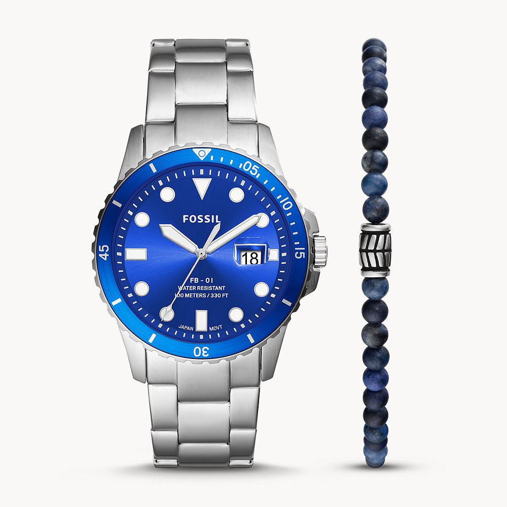 Fossil Fb-01 Three-Hand Date Stainless Steel Men's Watch And Blue Sodalite Beaded Bracelet Set - FS5969SET