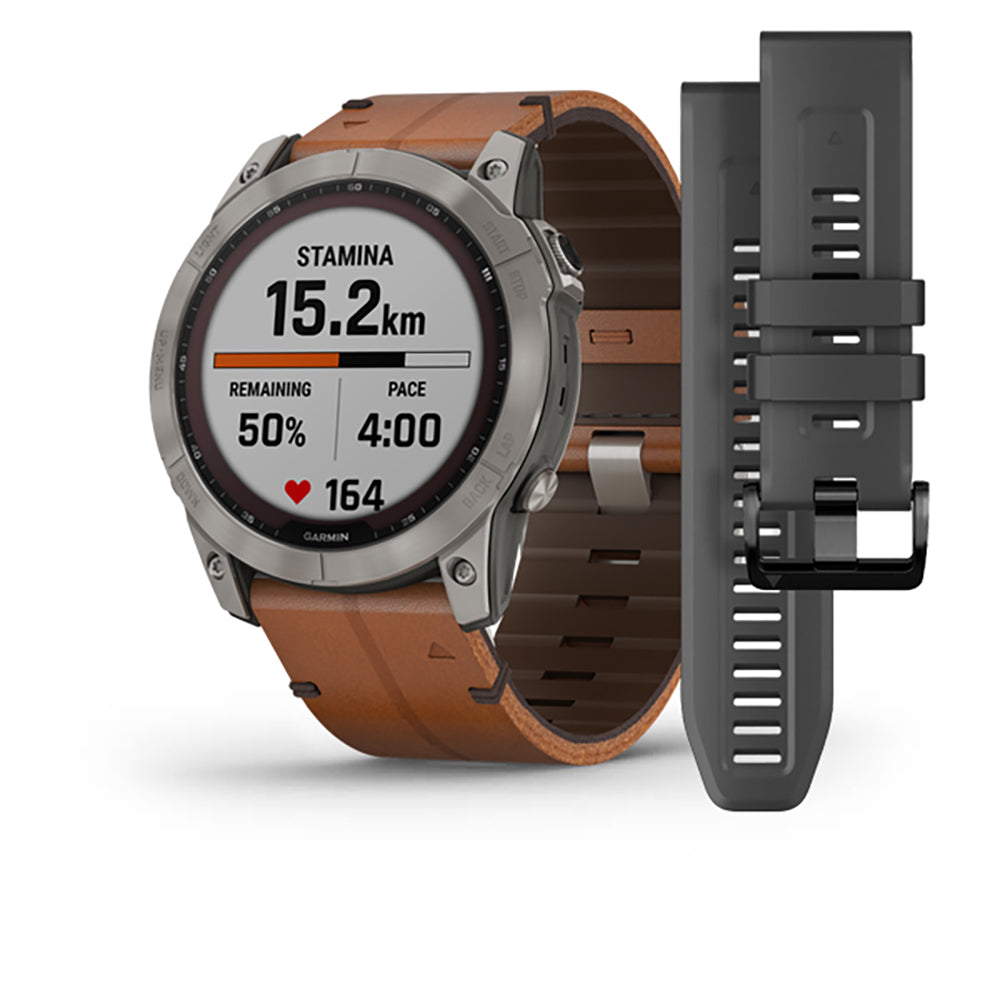 Garmin Fenix 7X Sapphire Solar Titanium Chestnut Leather Band Full Display Watch