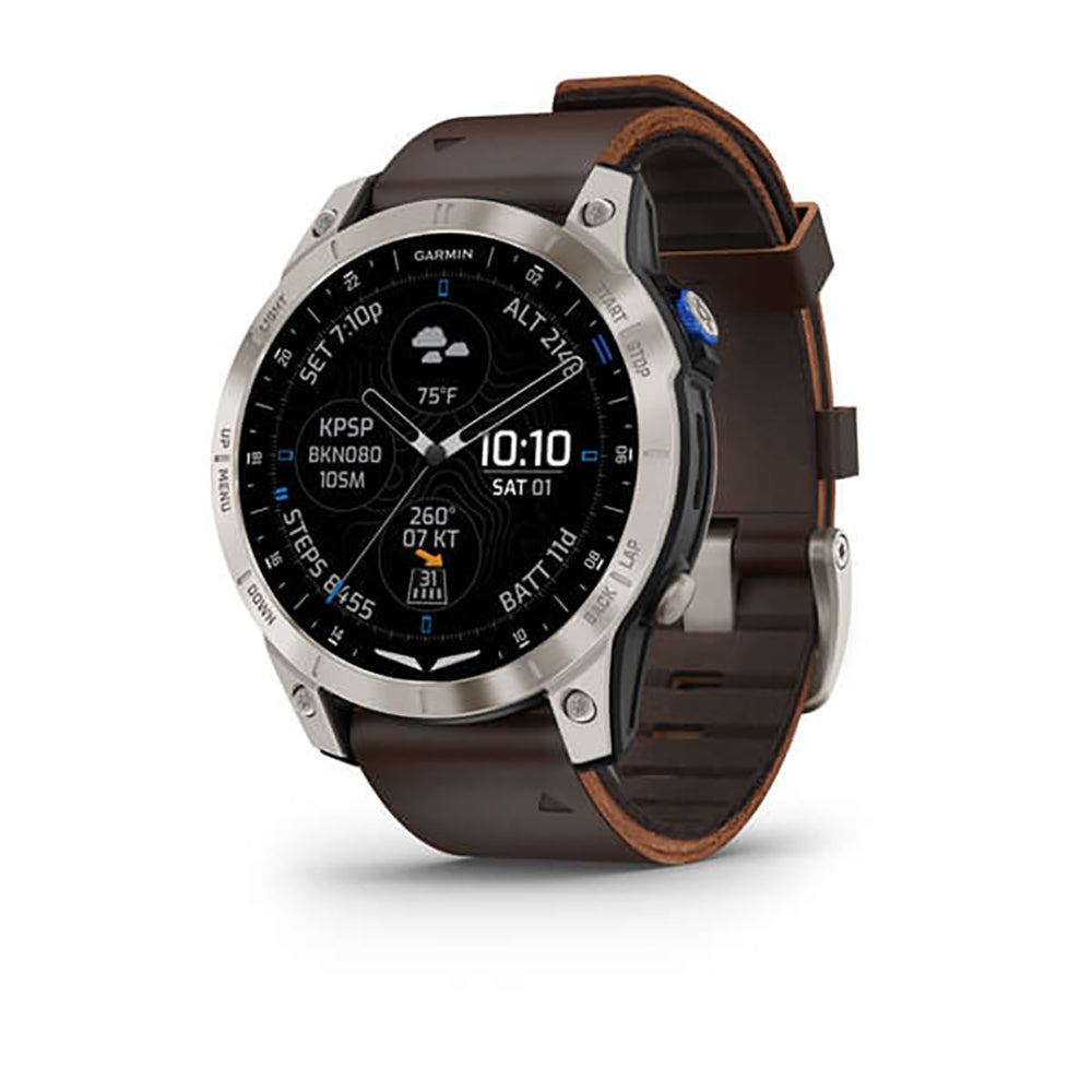ساعة Garmin D2 Mach 1 بإطار من التيتانيوم المصقول وسوار جلدي بلون بني أكسفورد وشاشة كاملة