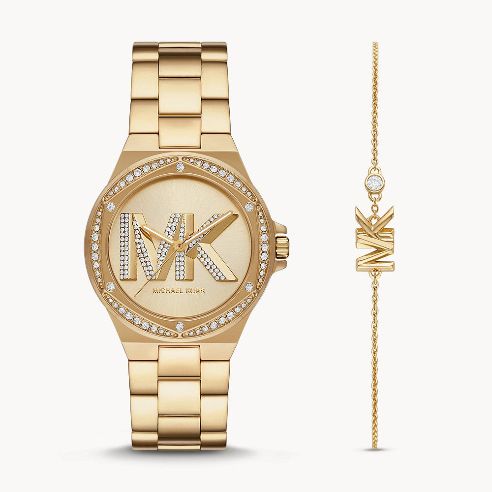 Michael Kors Lennox Three-Hand Gold-Tone Stainless Steel Women's Watch and 14 Karat Gold Bracelet Set - MK1062SET