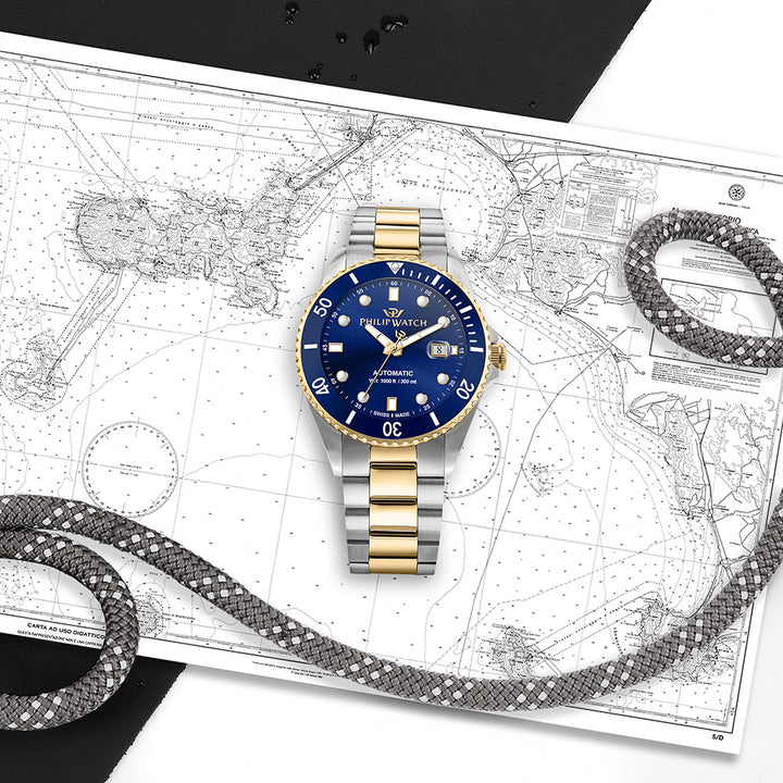 Philip Watch CARIBE 42MM AUTO 3H BLUE DIAL BR SS+YG
