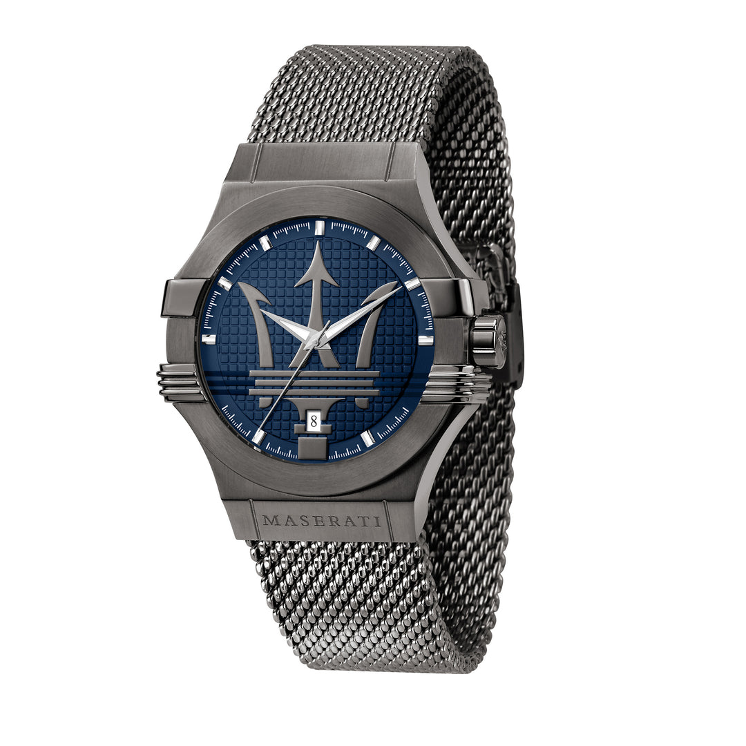 MASERATI POTENZA 42MM 3H BLUE DIAL MESH BR GUN