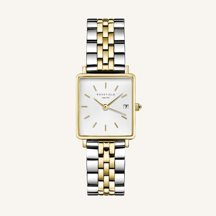 Rosefield The Boxy XS White Sunray Steel Silver Gold Duo Ladies Watch