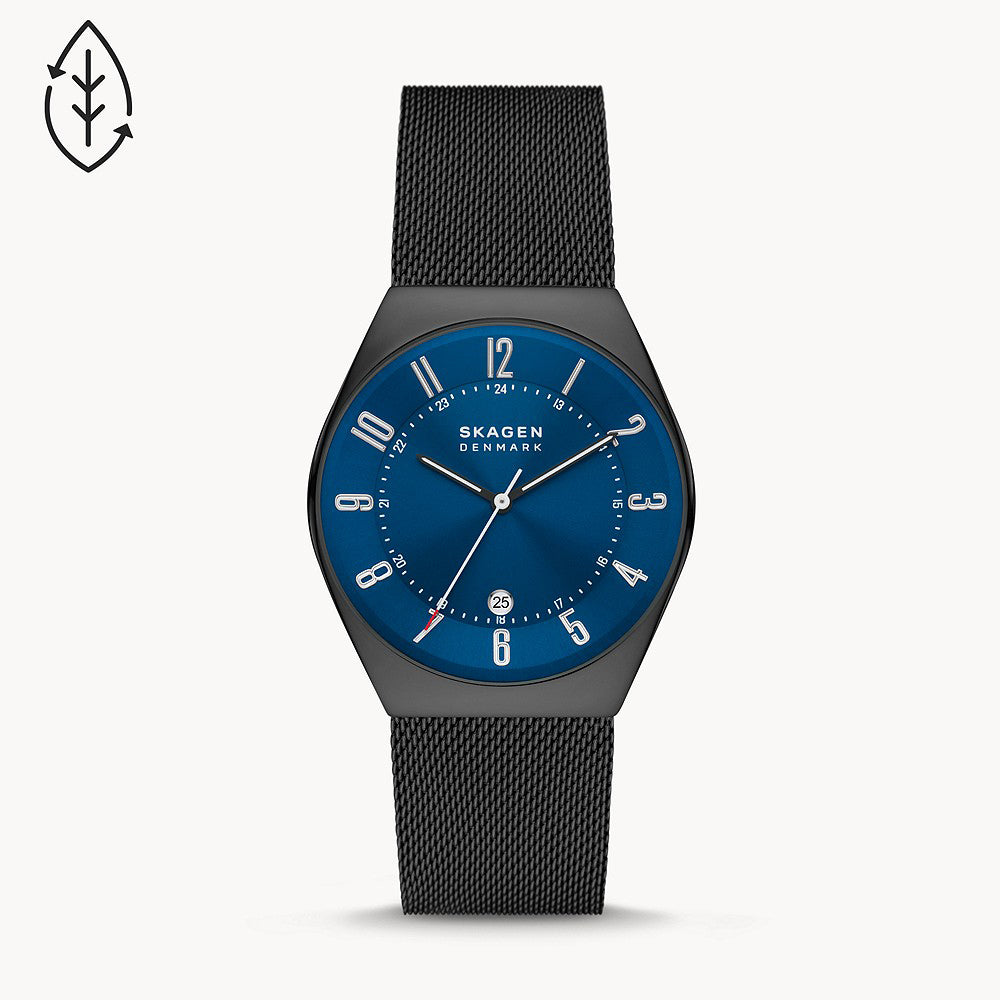 SKAGEN GRENEN THREE-HAND DATE MIDNIGHT STAINLESS STEEL MESH WATCH