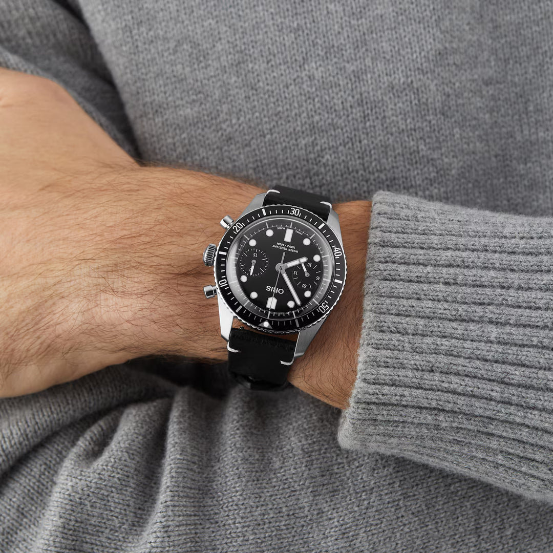 Oris Men's Silver Tone Case Black Dial Chrono Automatic Watch