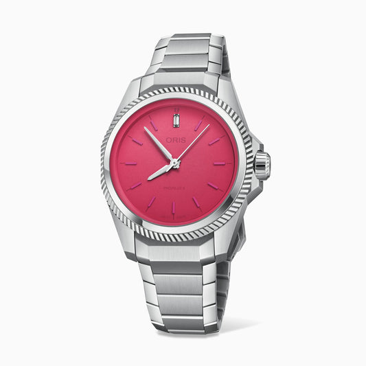Oris Ladies Silver Tone Case Pink Dial Miss Piggy Edition Automatic Watch