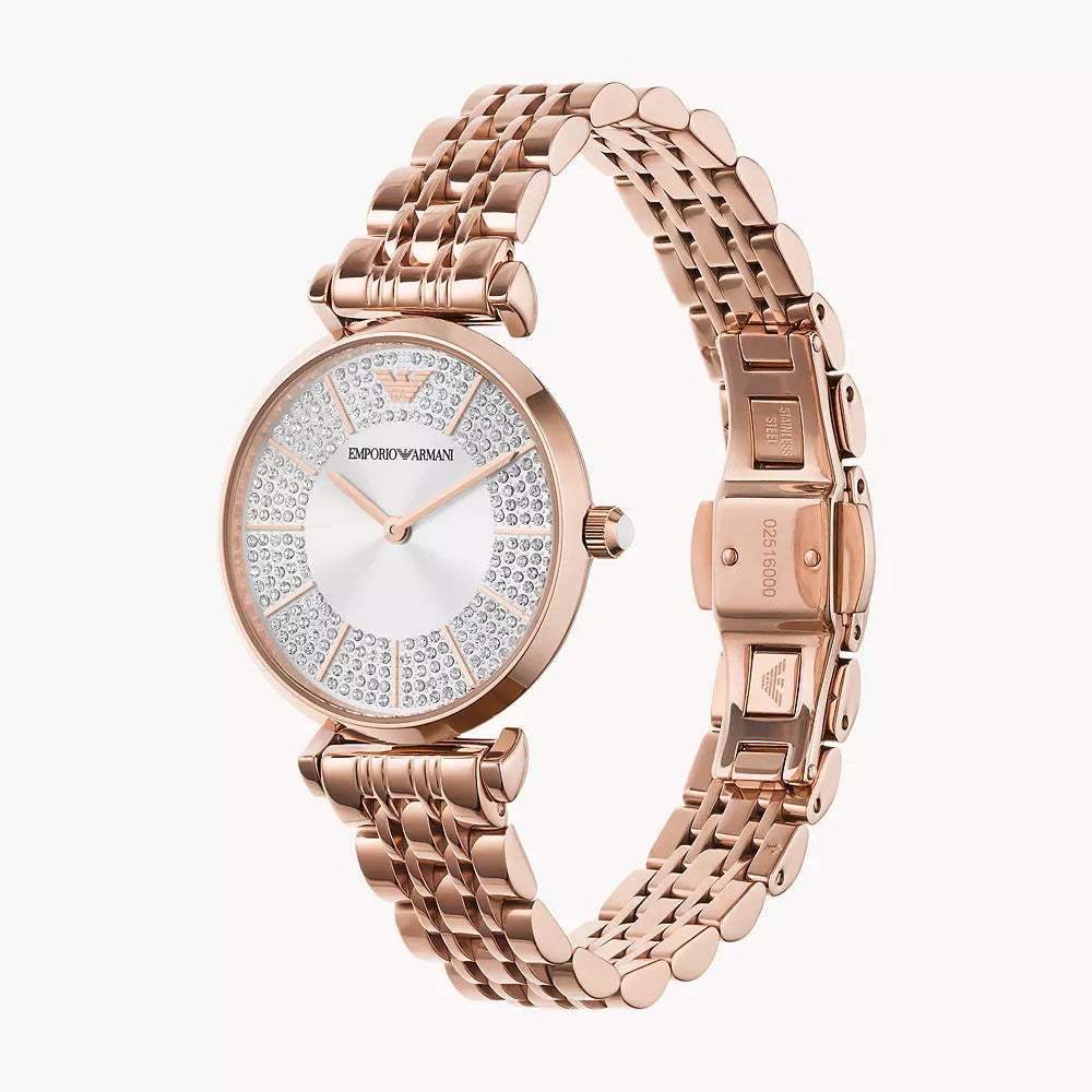 EMPORIO ARMANI TWO-HAND ROSE GOLD-TONE STAINLESS STEEL WATCH