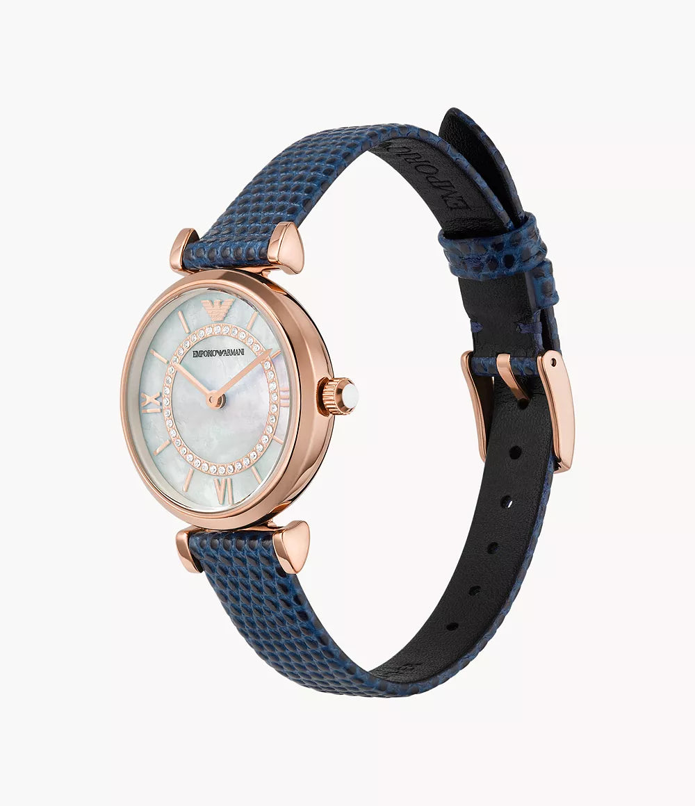 Emporio Armani Mother of Pearl Dial Two-Hand Blue Leather Ladies Watch