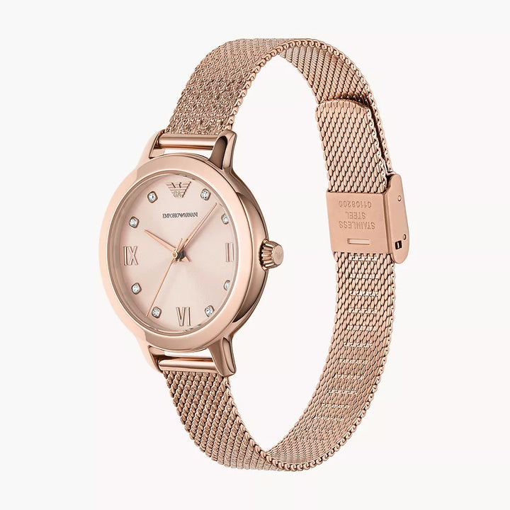 EMPORIO ARMANI THREE-HAND ROSE GOLD-TONE STAINLESS STEEL MESH WATCH
