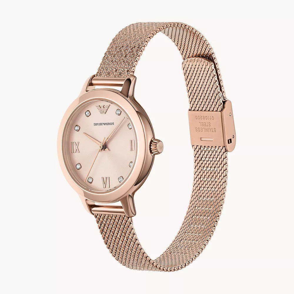 Emporio Armani Three-Hand Rose Gold-Tone Stainless Steel Mesh Watch