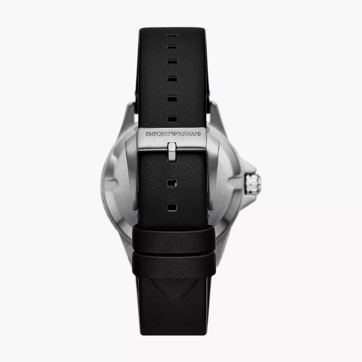 EMPORIO ARMANI THREE-HAND DATE BLACK LEATHER WATCH