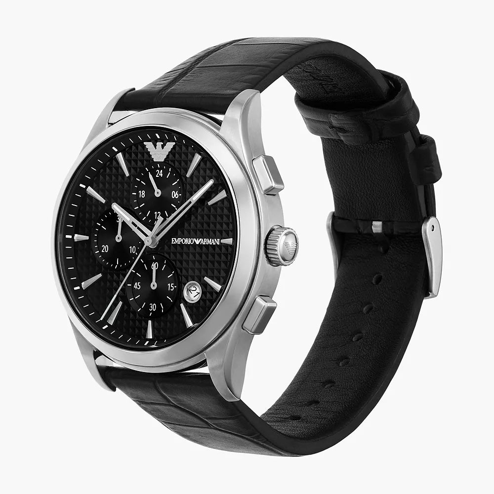 EMPORIO ARMANI CHRONOGRAPH BLACK LEATHER WATCH