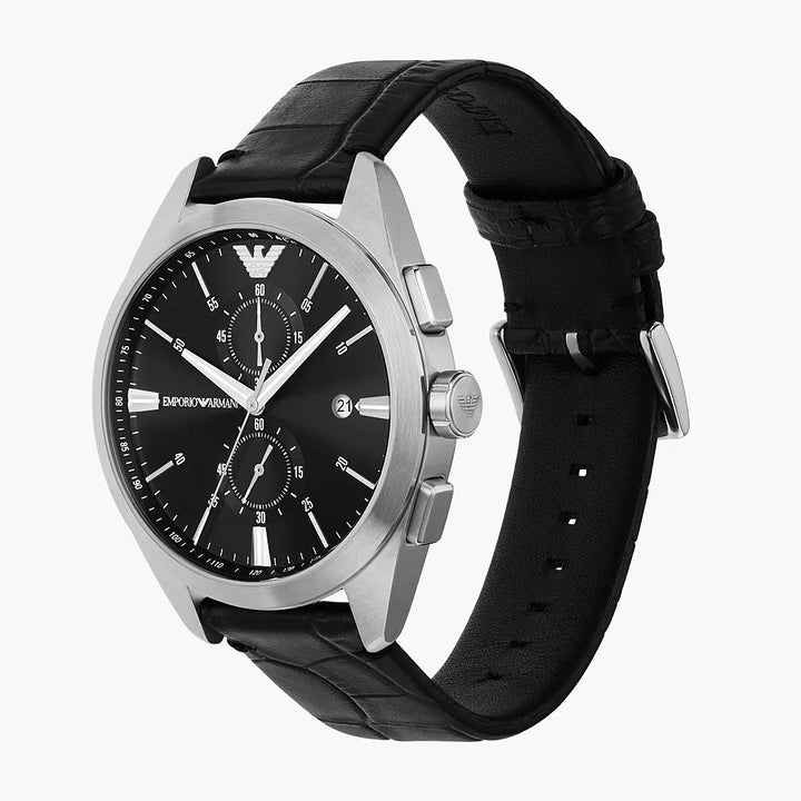 EMPORIO ARMANI CHRONOGRAPH BLACK LEATHER WATCH