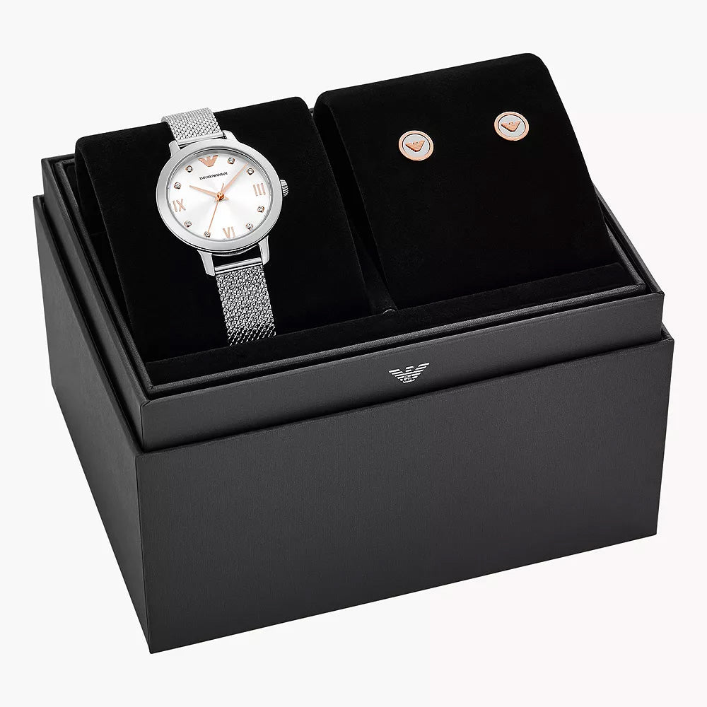 EMPORIO ARMANI SET WITH THREE-HAND STAINLESS STEEL MESH WATCH AND EARINGS