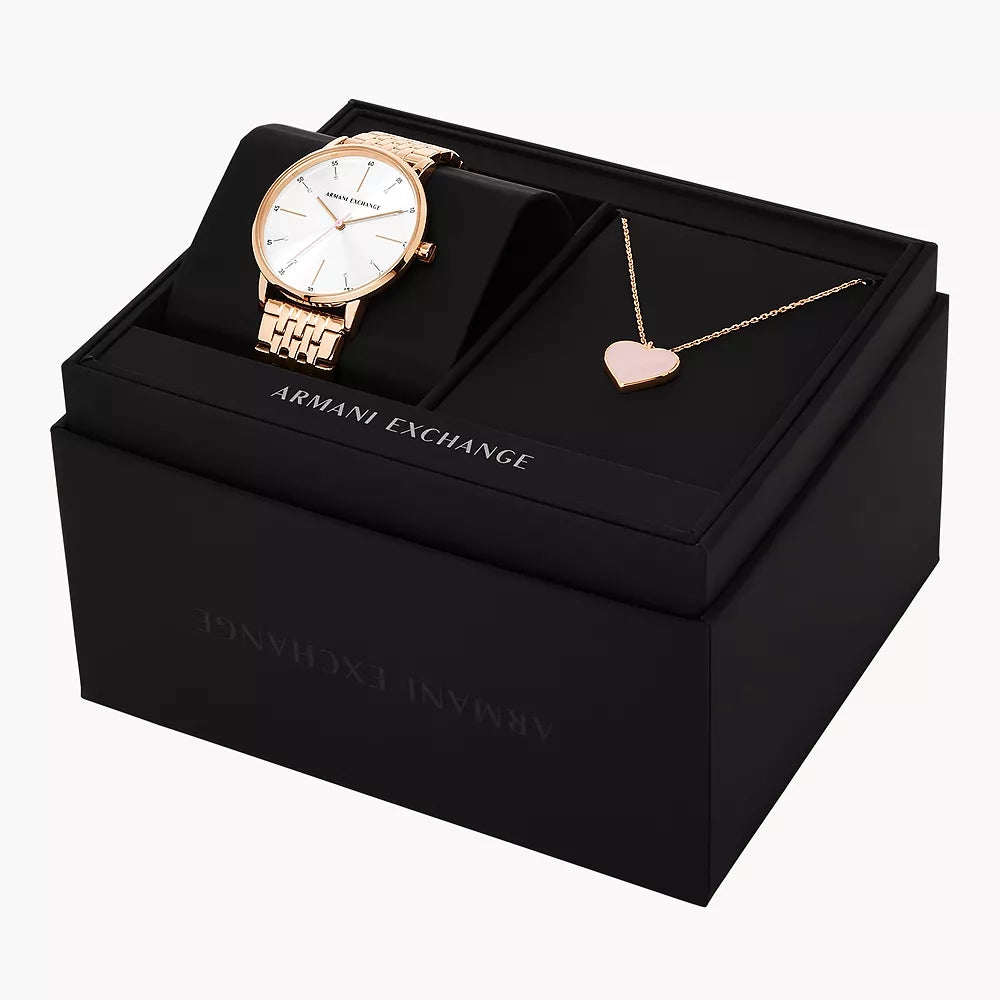 Armani Exchange Three-Hand Rose Gold-Tone Stainless Steel Watch and Rose Gold-Tone Stainless Steel Necklace Set