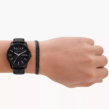 Armani Exchange Men's Three-Hand Day-Date Black Leather Watch And Black Stainless Steel Bracelet Set