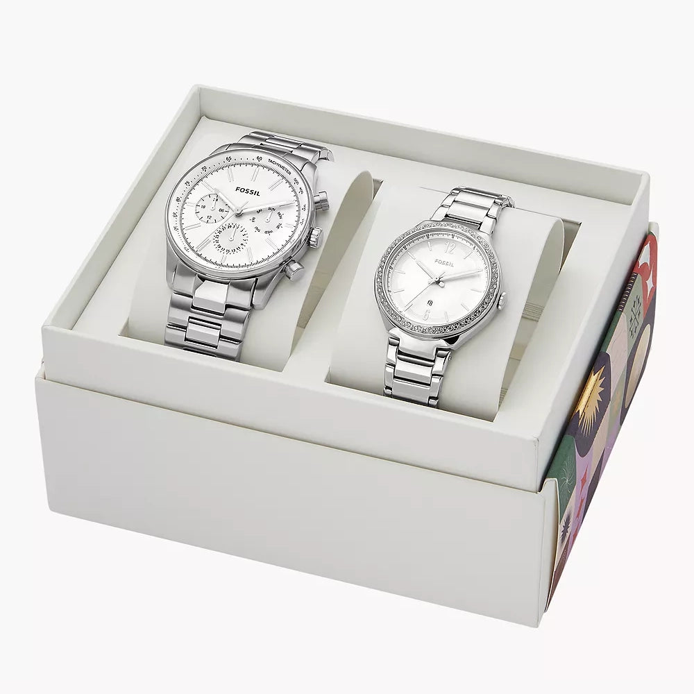 Fossil His and Hers Couple Multifunction Stainless Steel Watch Box Set