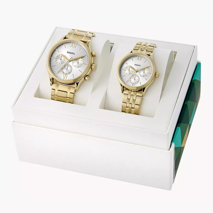 Fossil Fenmore Couple Multifunction Gold-Tone Stainless Steel Watch Set