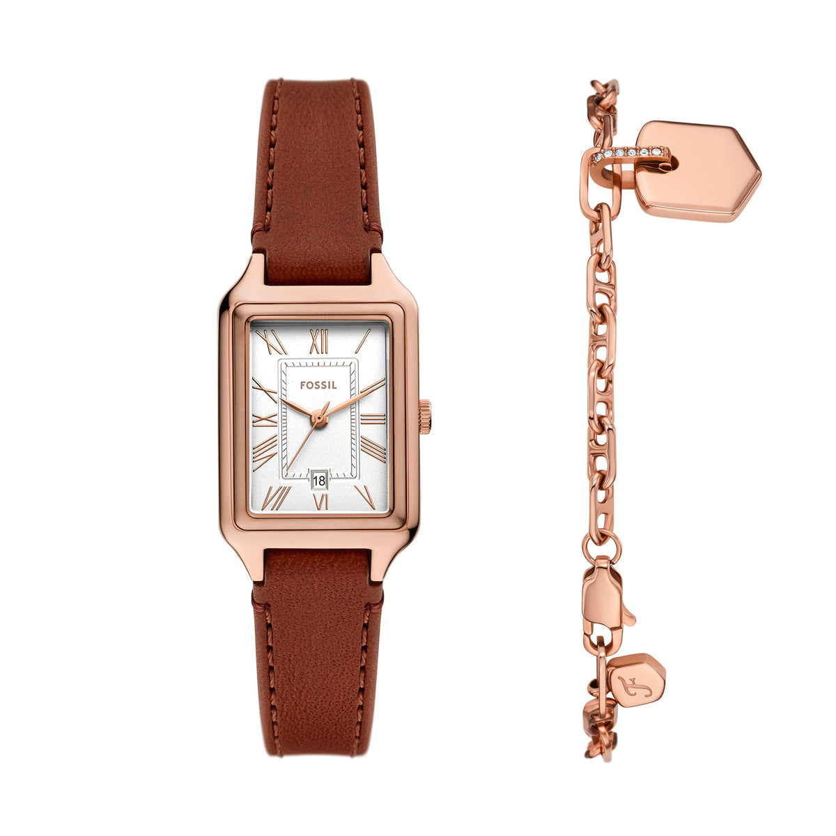 Fossil Women's Raquel Three-Hand Date Medium Brown Leather Watch and Bracelet Set - ES5377SET