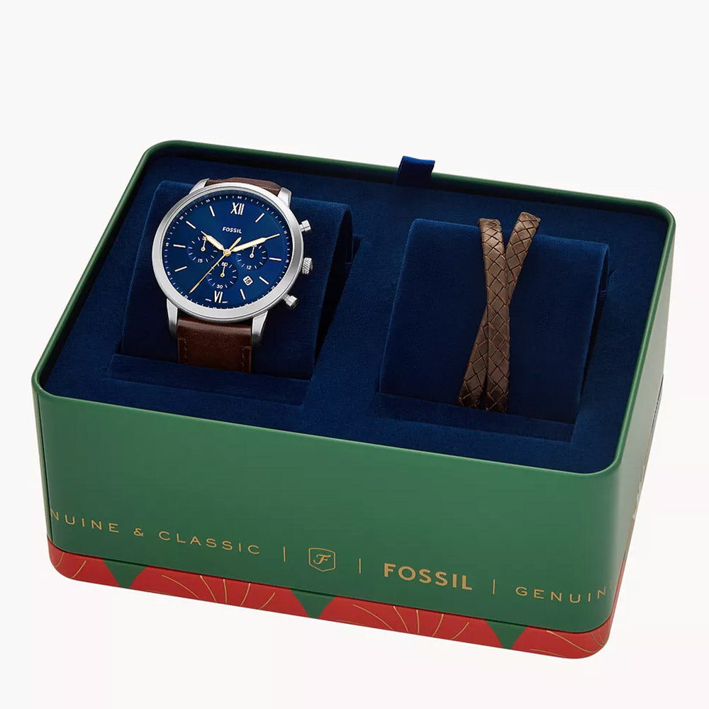 Fossil Neutra Chronograph Brown Leather Watch And Bracelet Box Set