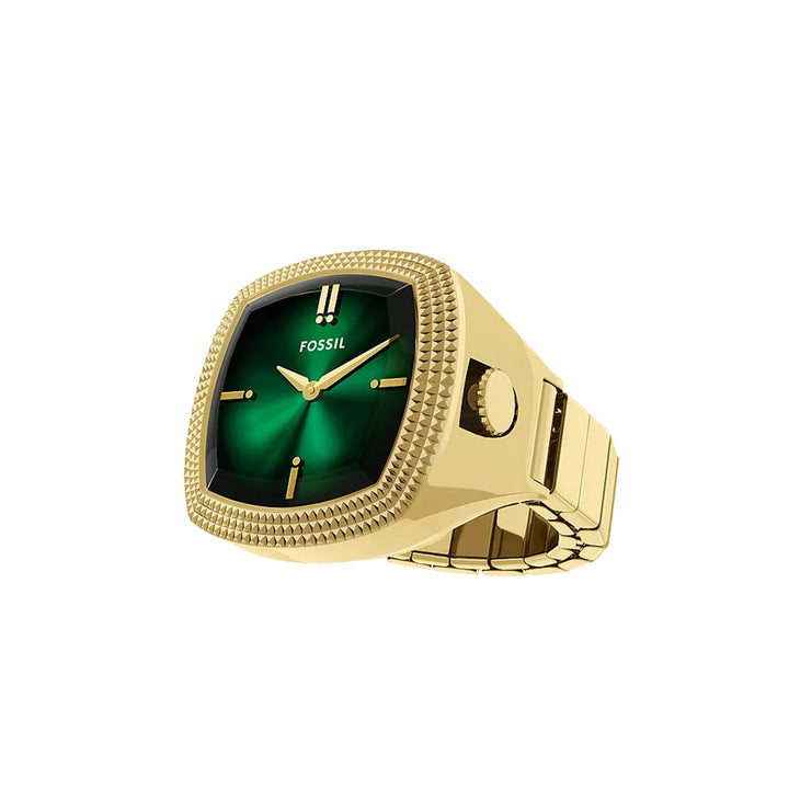 Fossil Unisex Nick Jonas x Fossil Machine Luxe Green Vignette Two-Hand Gold-Tone Stainless Steel Watch Ring