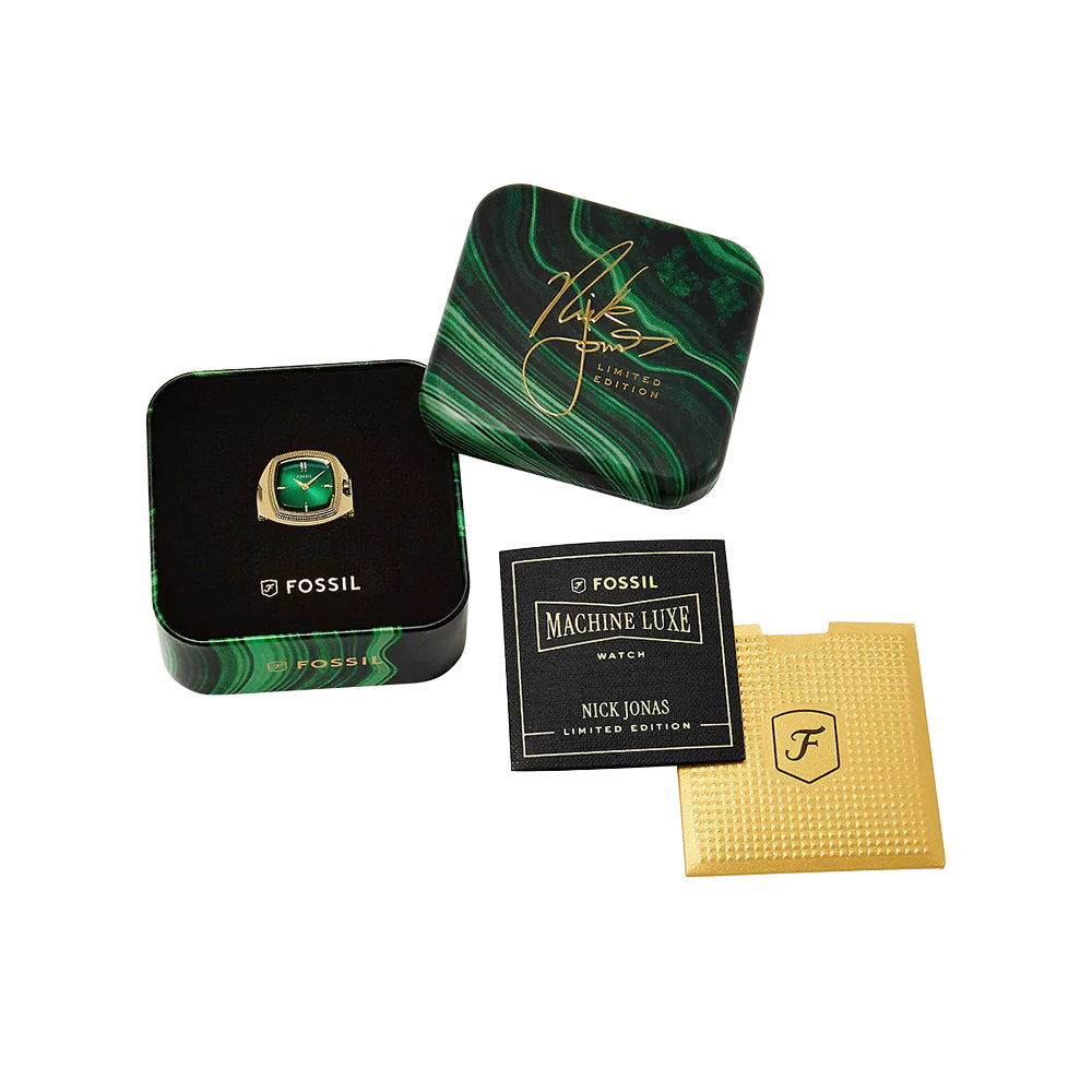 Fossil Unisex Nick Jonas x Fossil Machine Luxe Green Vignette Two-Hand Gold-Tone Stainless Steel Watch Ring