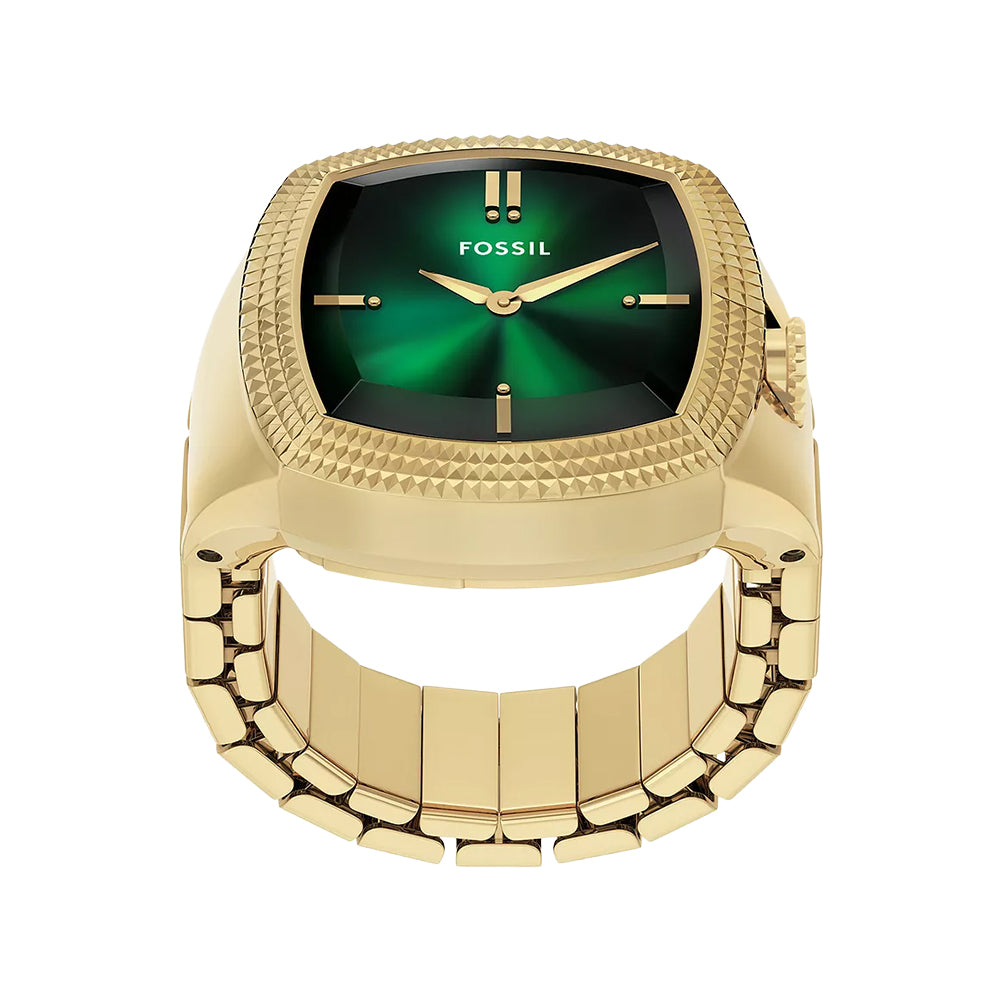 Fossil Unisex Nick Jonas x Fossil Machine Luxe Green Vignette Two-Hand Gold-Tone Stainless Steel Watch Ring