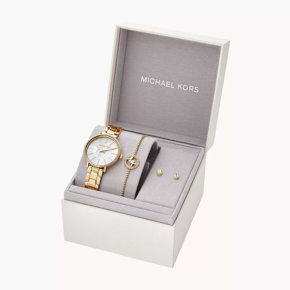 Michael Kors Pyper Two-Hand Gold-Tone Stainless Steel Women's Watch and Earrings and Necklace Set - MK1065SET