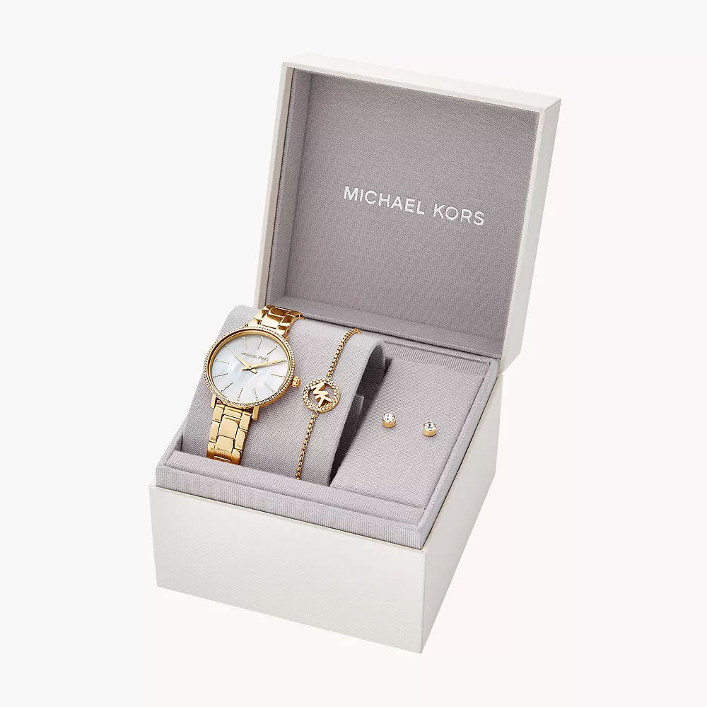 Michael Kors Pyper Two-Hand Gold-Tone Stainless Steel Women's Watch and Earrings and Necklace Set