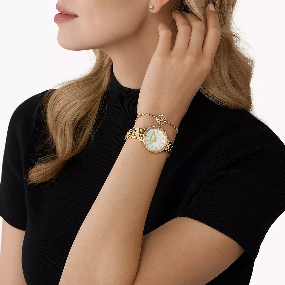 Michael Kors Pyper Two-Hand Gold-Tone Stainless Steel Women's Watch and Earrings and Necklace Set
