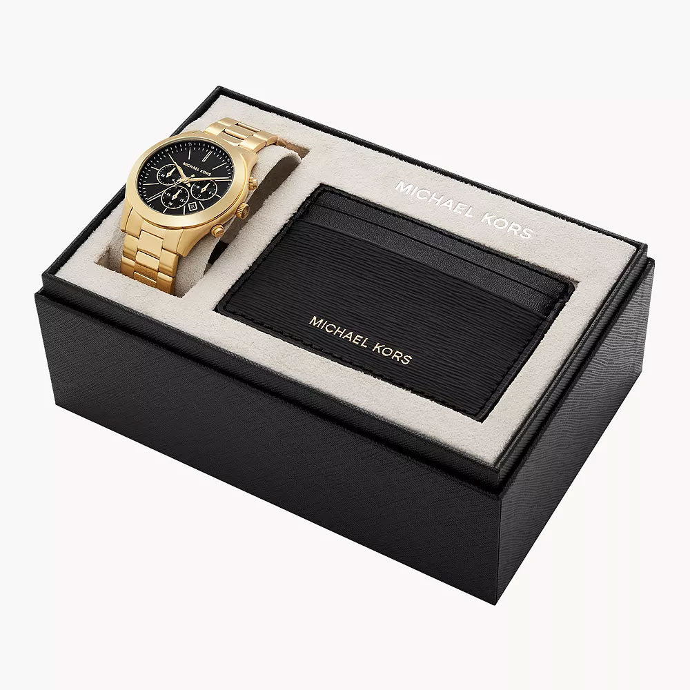 Michael Kors Slim Runway Chronograph Gold-Tone Stainless Steel Men's Watch And Slim Card Case Set